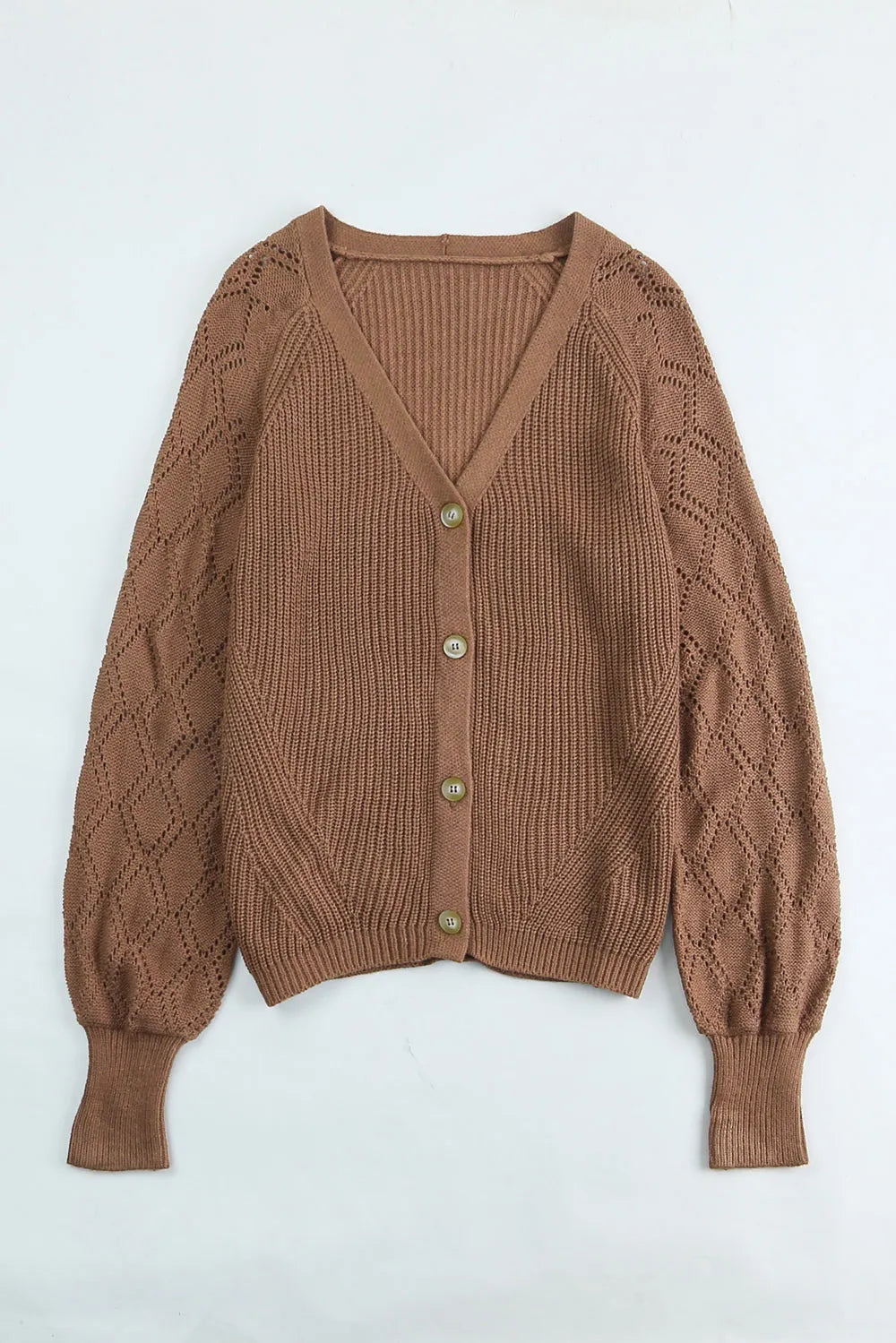 Taupe openwork knit V-neck button-up cardigan with long sleeves and button placket