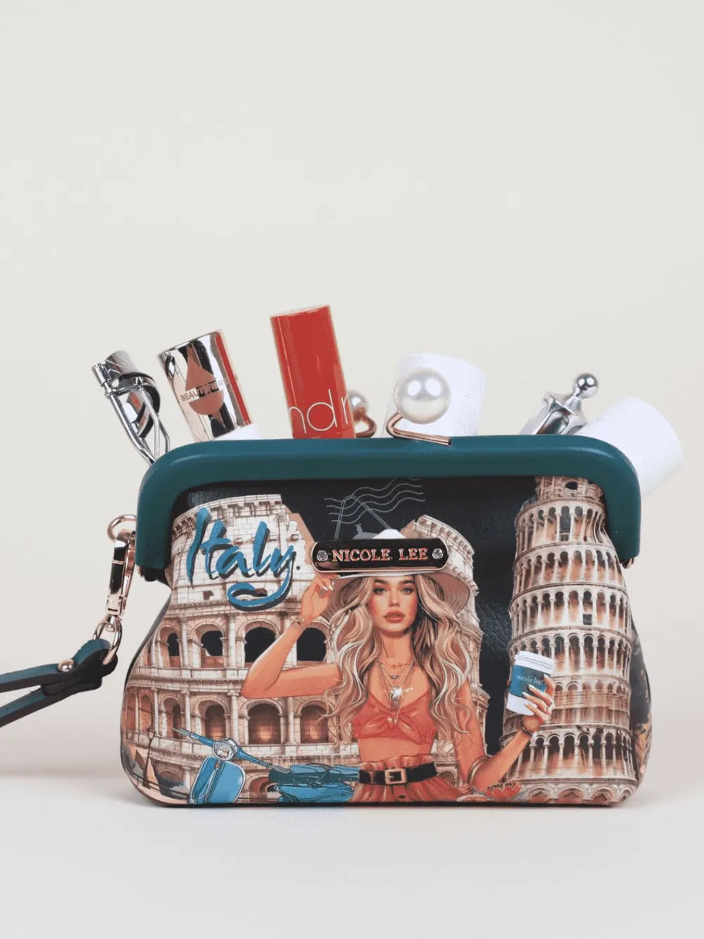 Chelsea kiss-lock coin purse with teal frame and Italy graphic front, pearl clasp