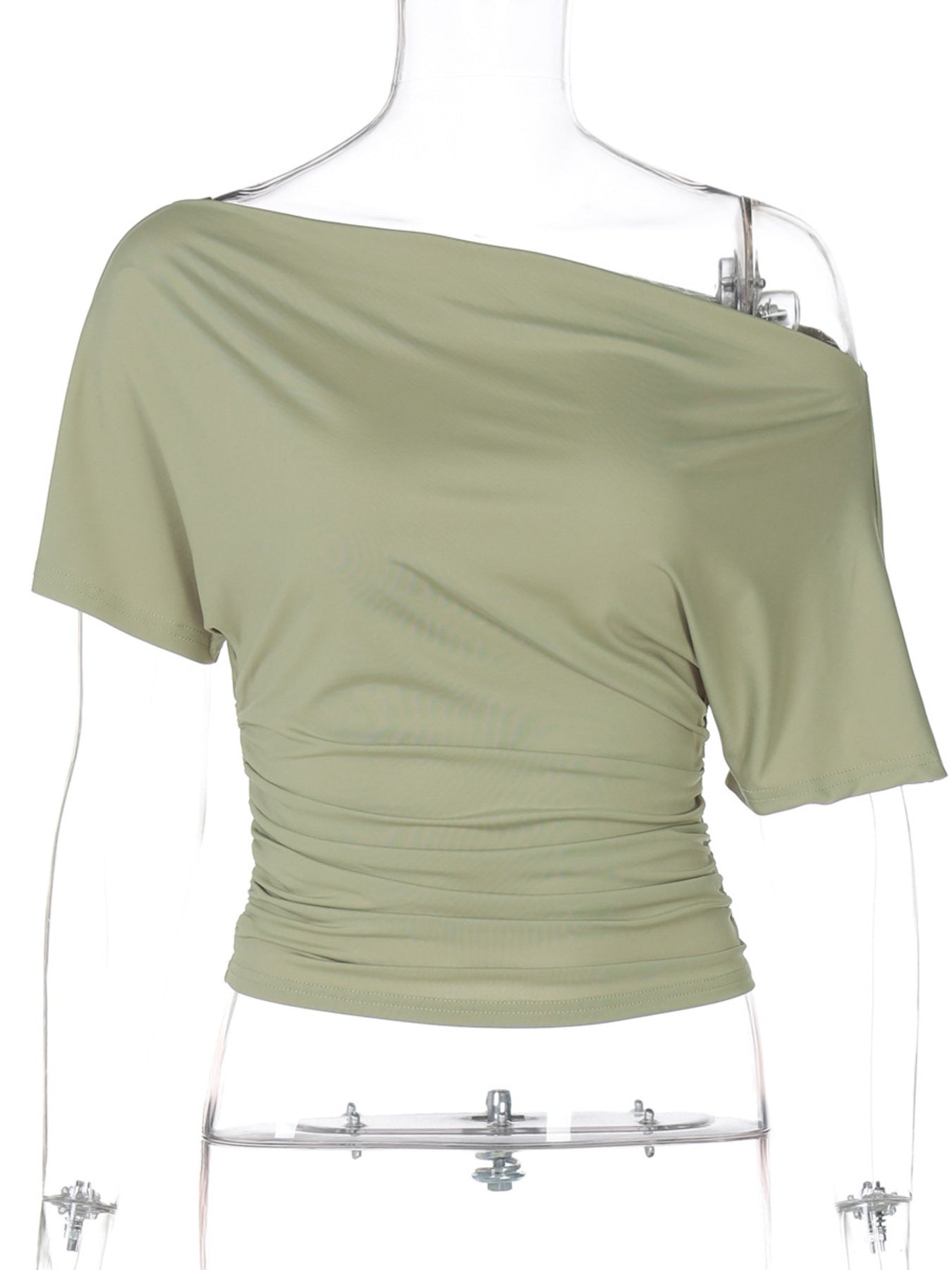 Cedar & Moore One-Shoulder Short Sleeve T-Shirt in sage green with ruched detailing