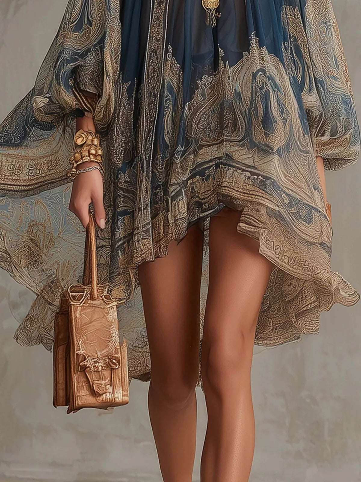 Navy embroidered chiffon high-low dress with paisley print and flowing asymmetrical hem