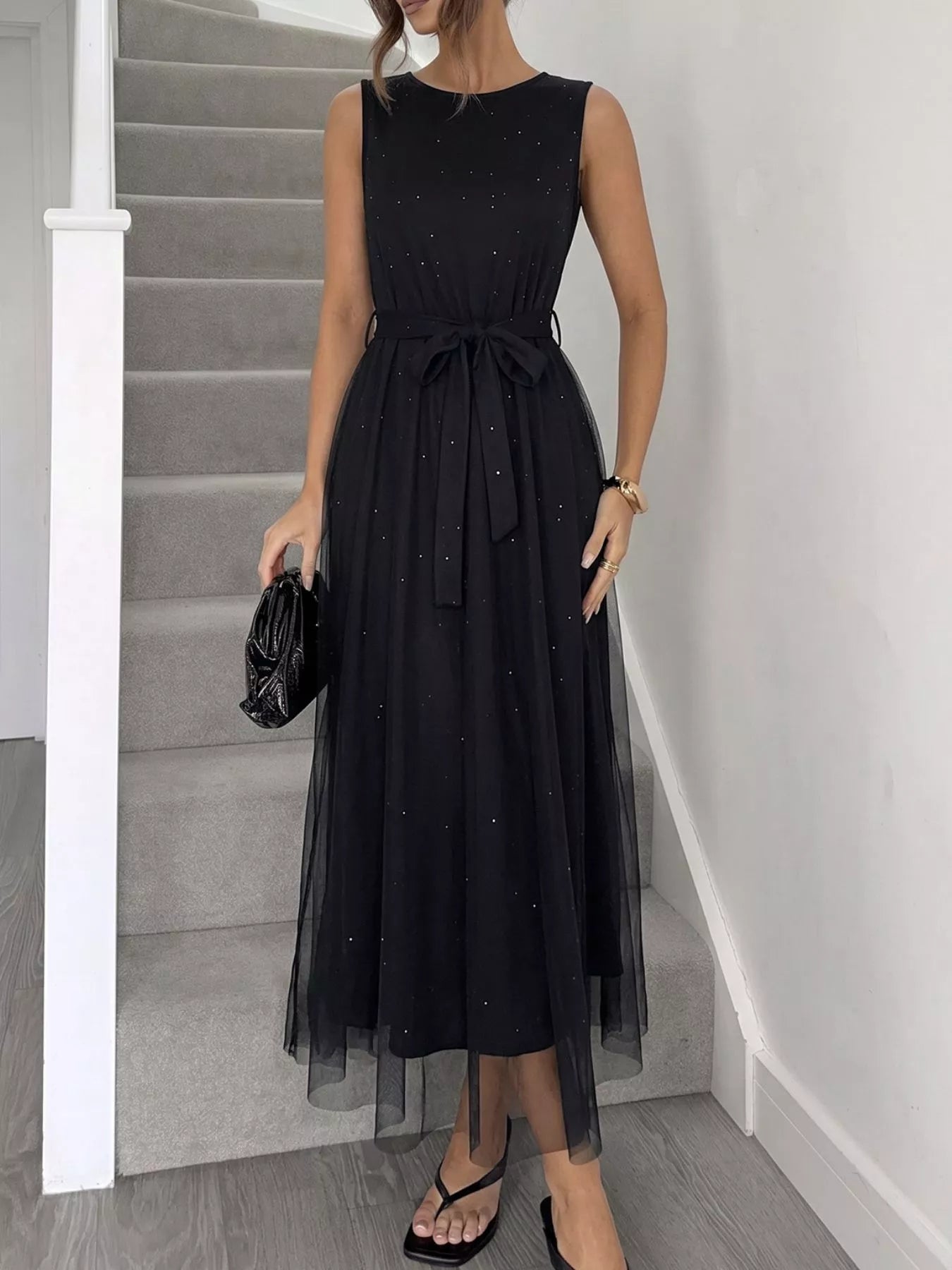 Cedar & Moore Glitter sleeveless tulle midi dress with sparkle accents and a tied waist belt