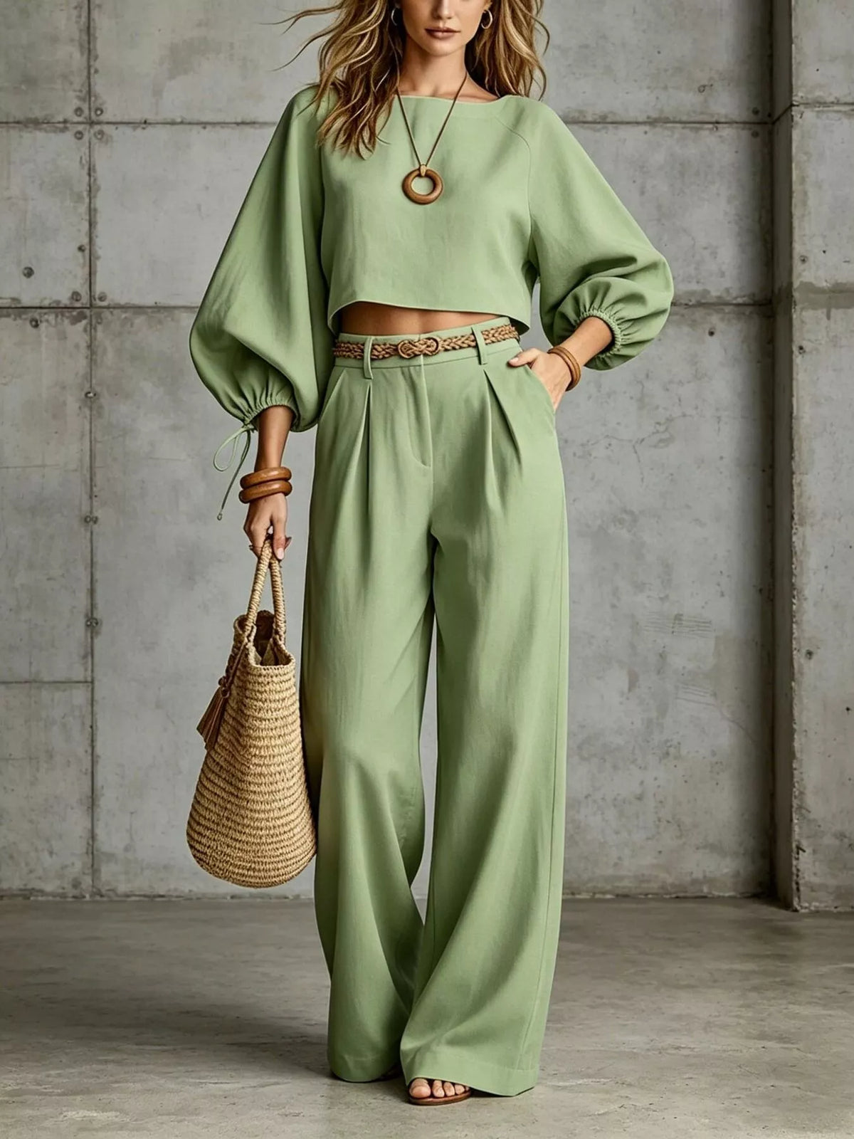 Sage green two-piece set with balloon-sleeve cropped top and wide-leg pants