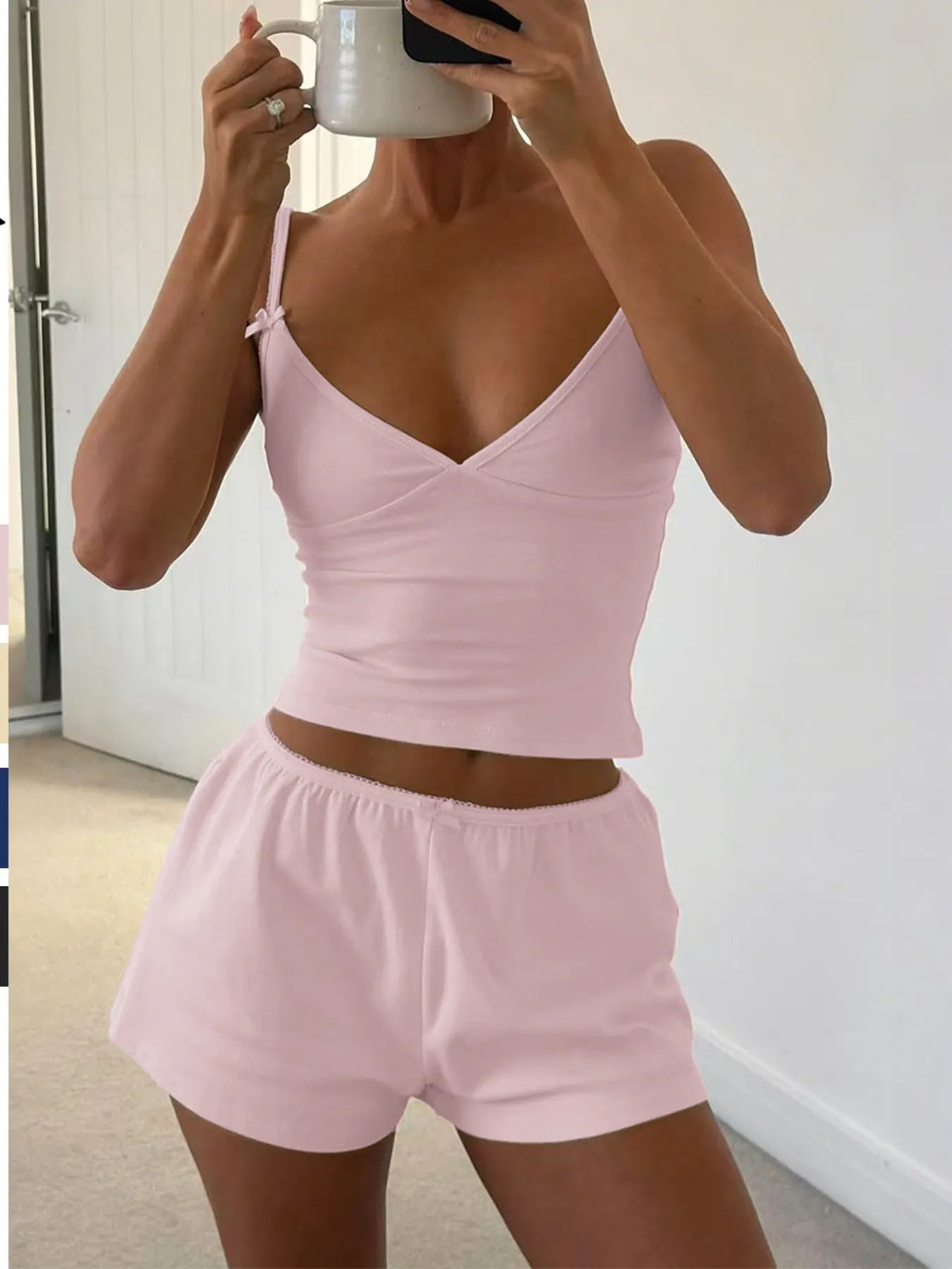 Pink V-neck cami and drawstring shorts set with spaghetti straps
