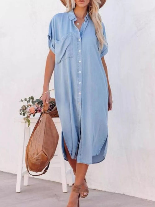 Light blue shirt dress with button front, short sleeves, and side slits