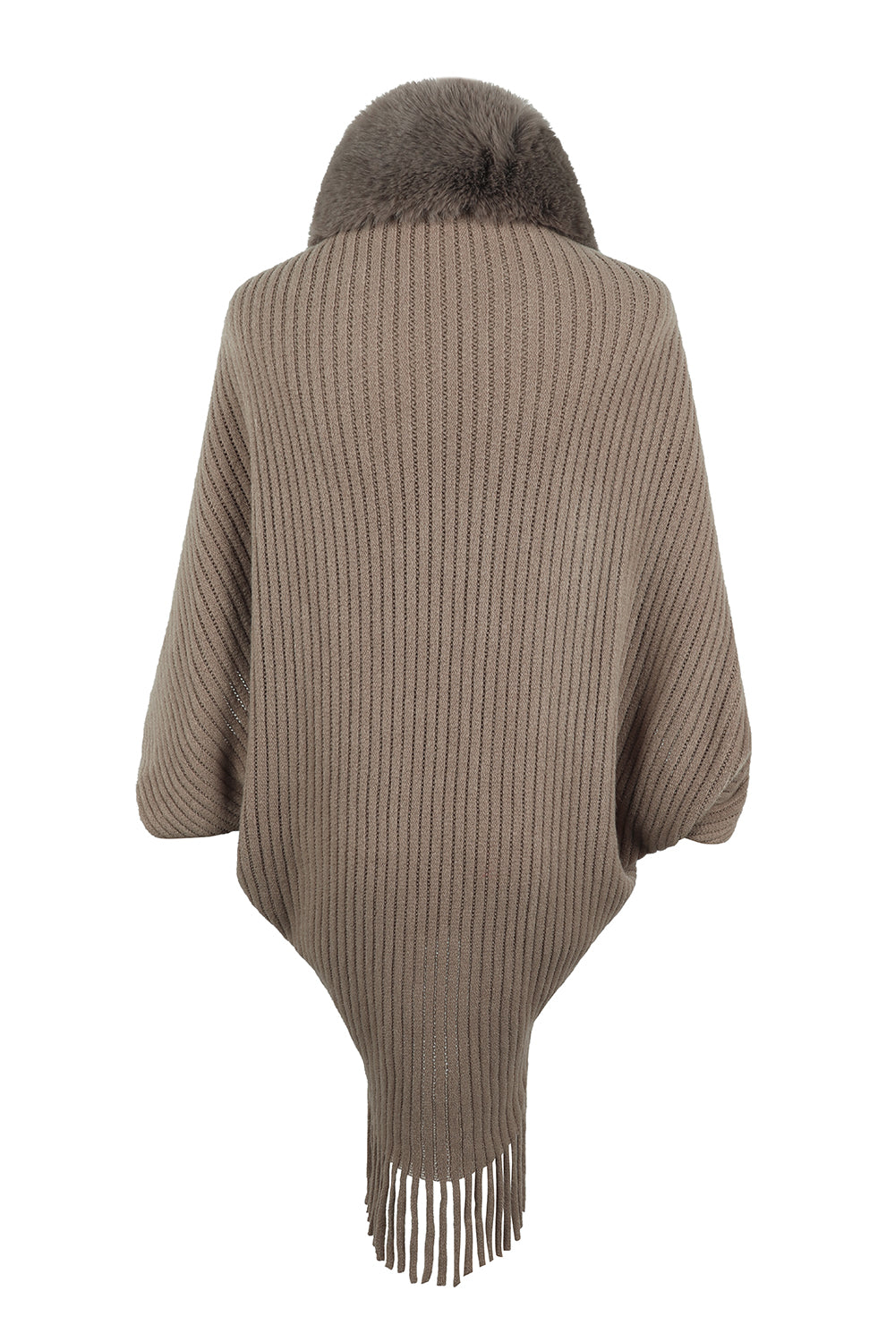 Long-sleeve ribbed poncho with fringe trim, beige, back view