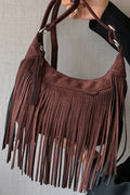 Burgundy suede fringe shoulder bag with double straps