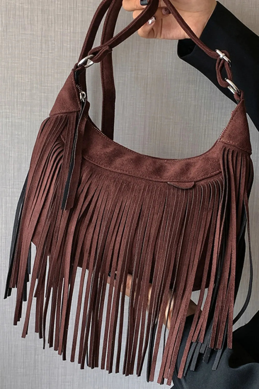 Burgundy suede fringe shoulder bag with double straps