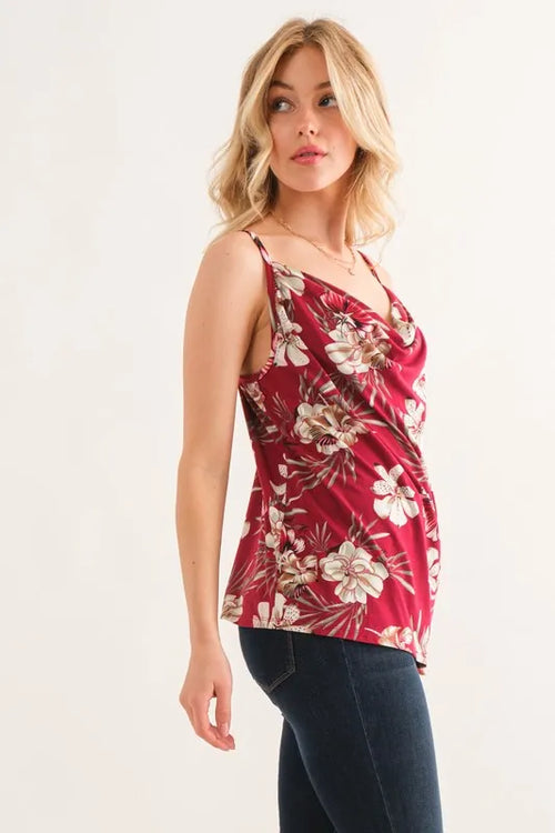 Burgundy floral printed casual tank top with scoop neckline and thin shoulder straps