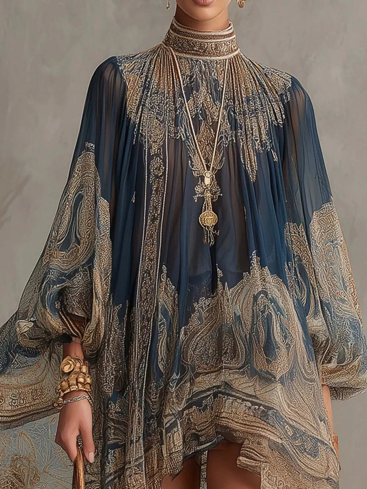Navy embroidered chiffon high-low dress with paisley motif and standing mock collar