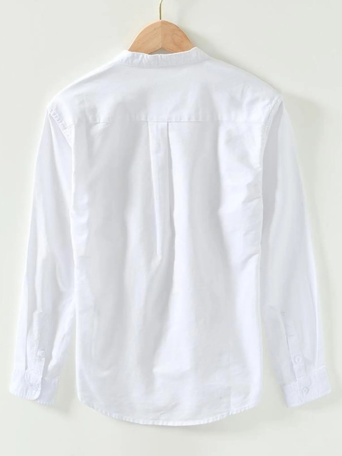 Men's button-up long-sleeve shirt, white, back view with long sleeves