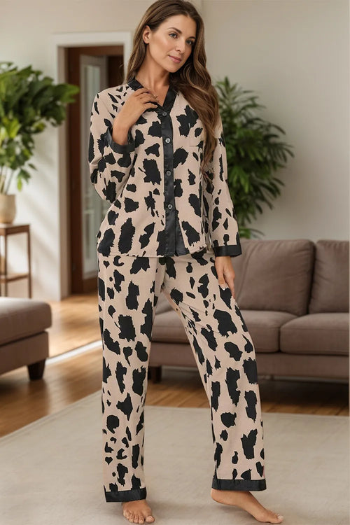 Leopard print button-up long sleeve top and pajama pants with dark cuff trim
