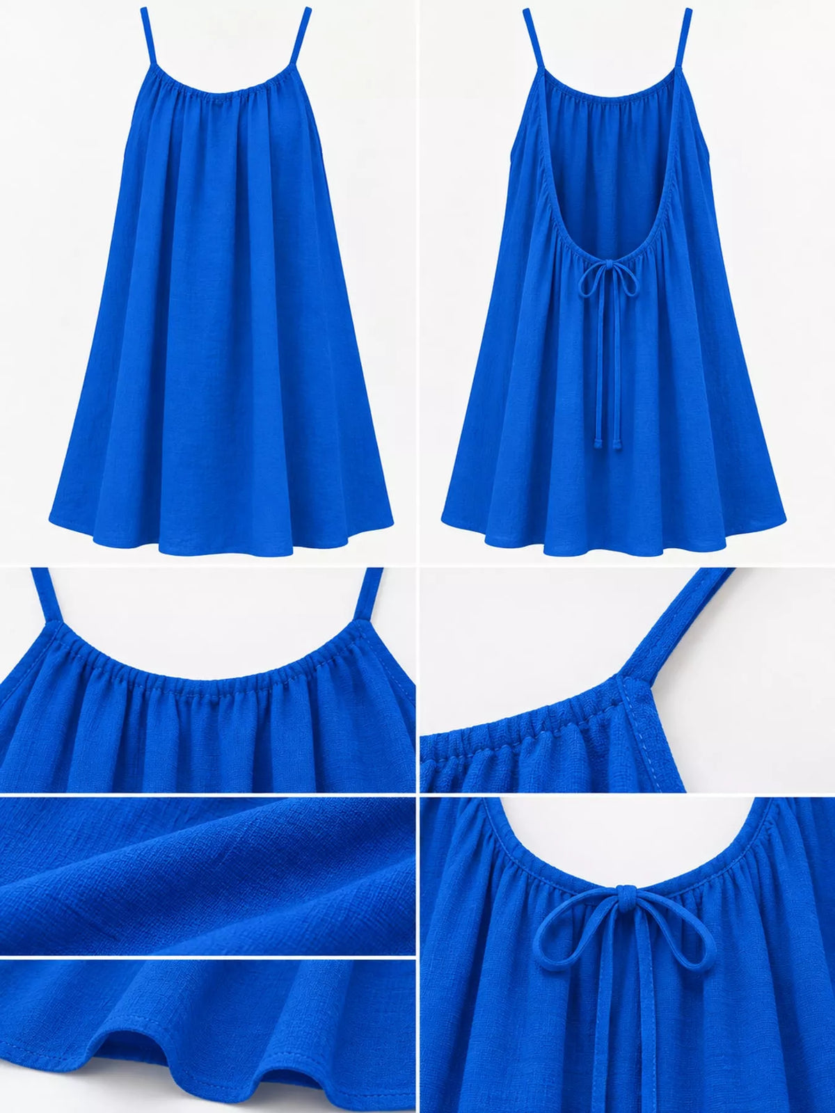 Blue mini dress detail: ruched neckline and drawstring tie at open back