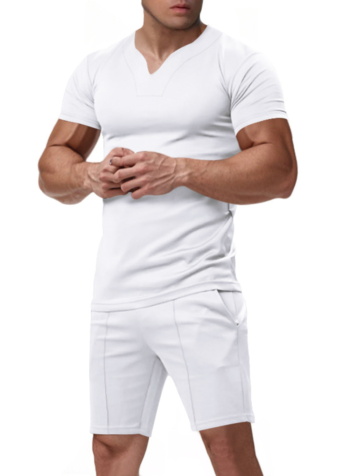 Men's white V-neck stretch tee and shorts set, front view