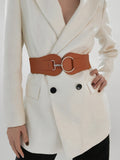 Caramel vegan leather wide elastic belt with O-ring buckle and metal end rings