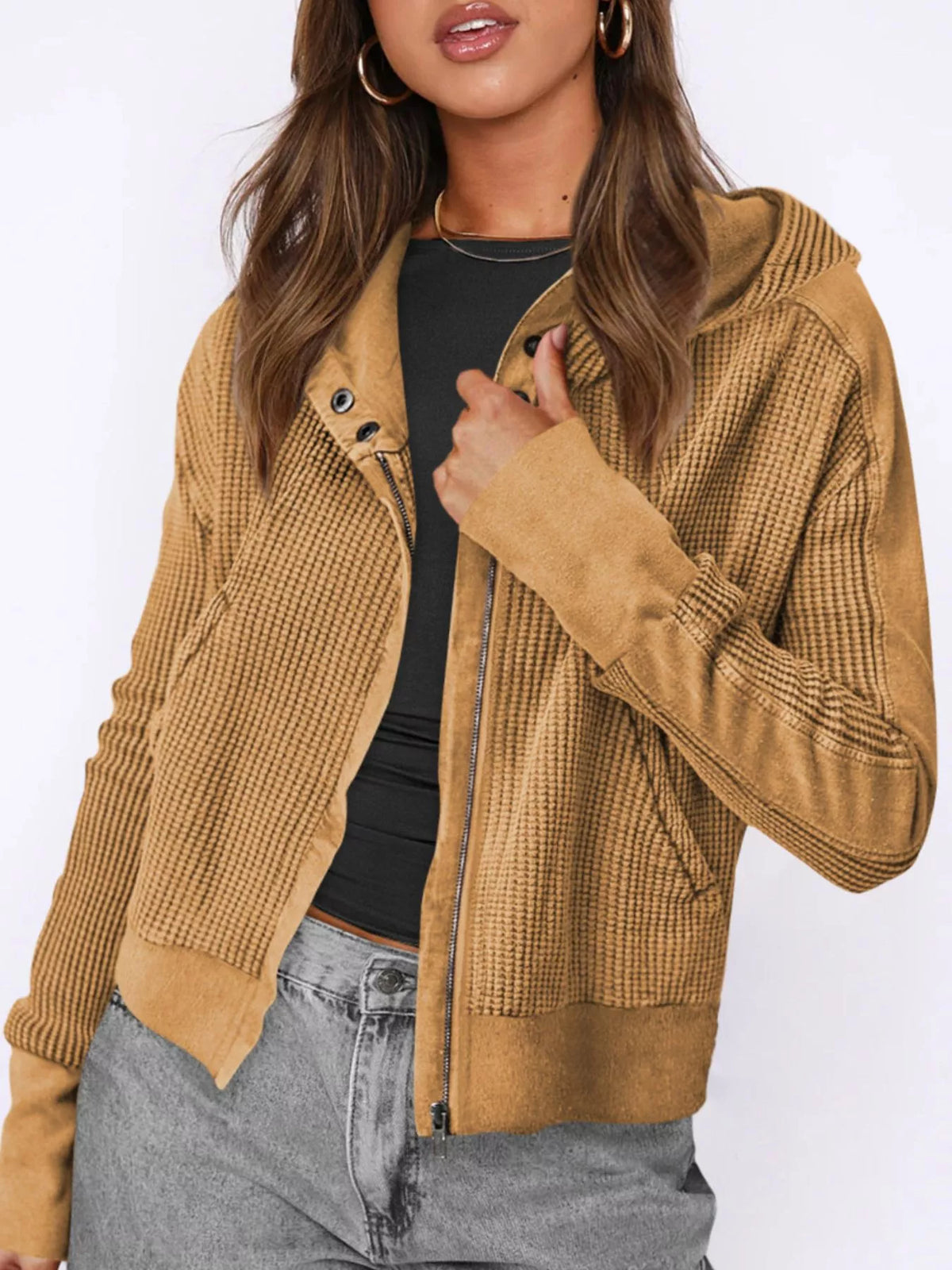 Mustard waffle-knit zip-up jacket for women with hood and snap-button front