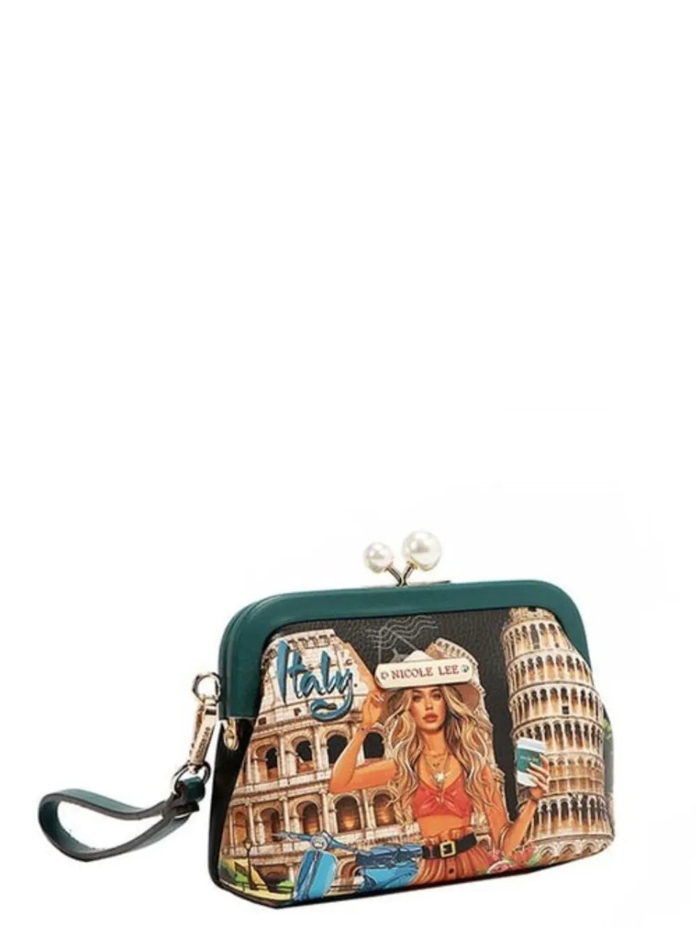 Chelsea kiss-lock coin purse with pearl clasp, Italy print, front view