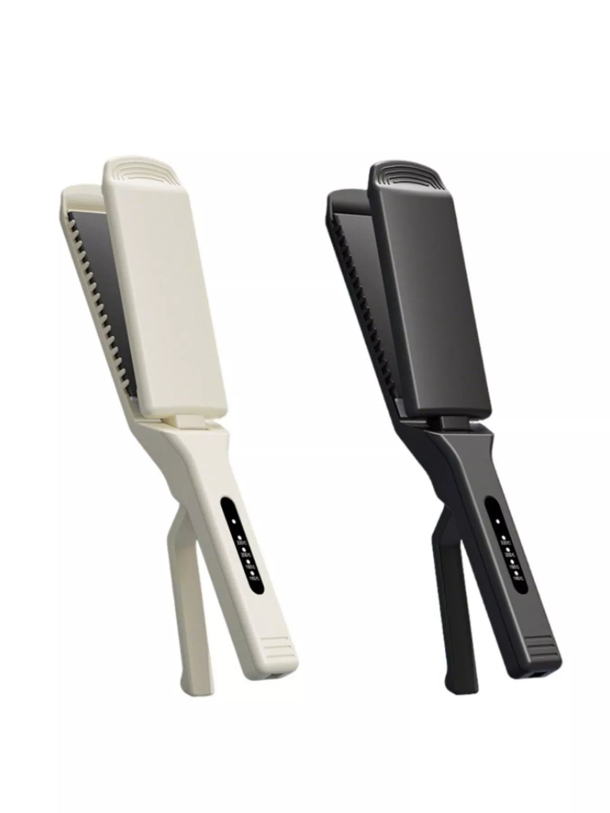 Ivory and black portable heat hair straighteners side by side