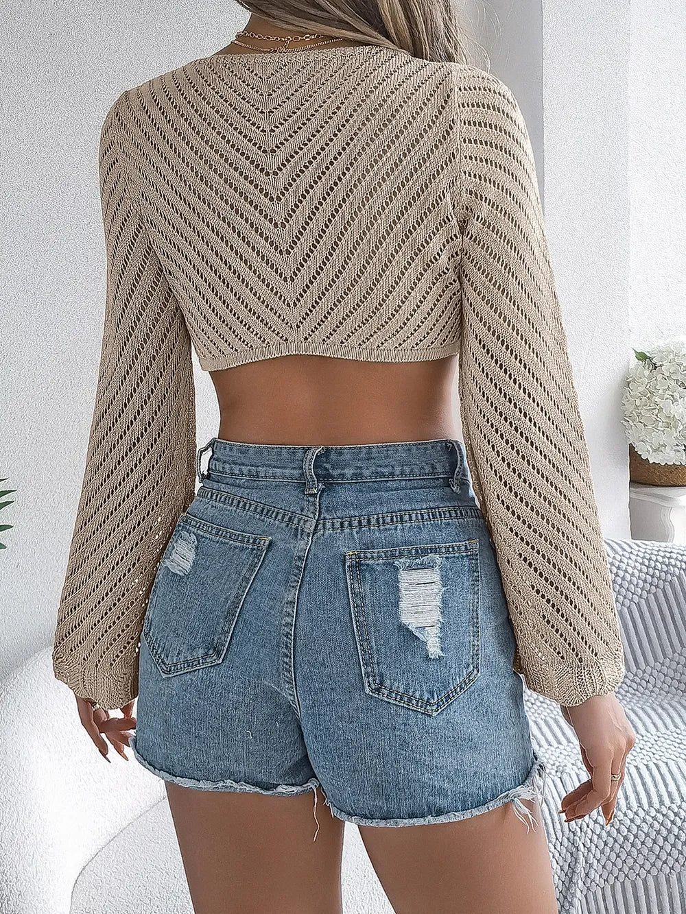 Openwork knit cover-up, beige long sleeves with openwork back and cropped hem
