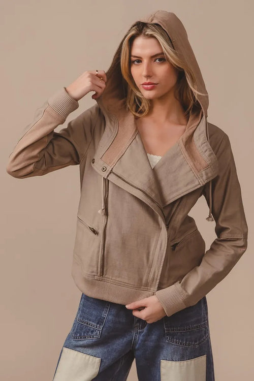 Taupe rider jacket with zip front, hood drawstrings, snap collar, ribbed cuffs