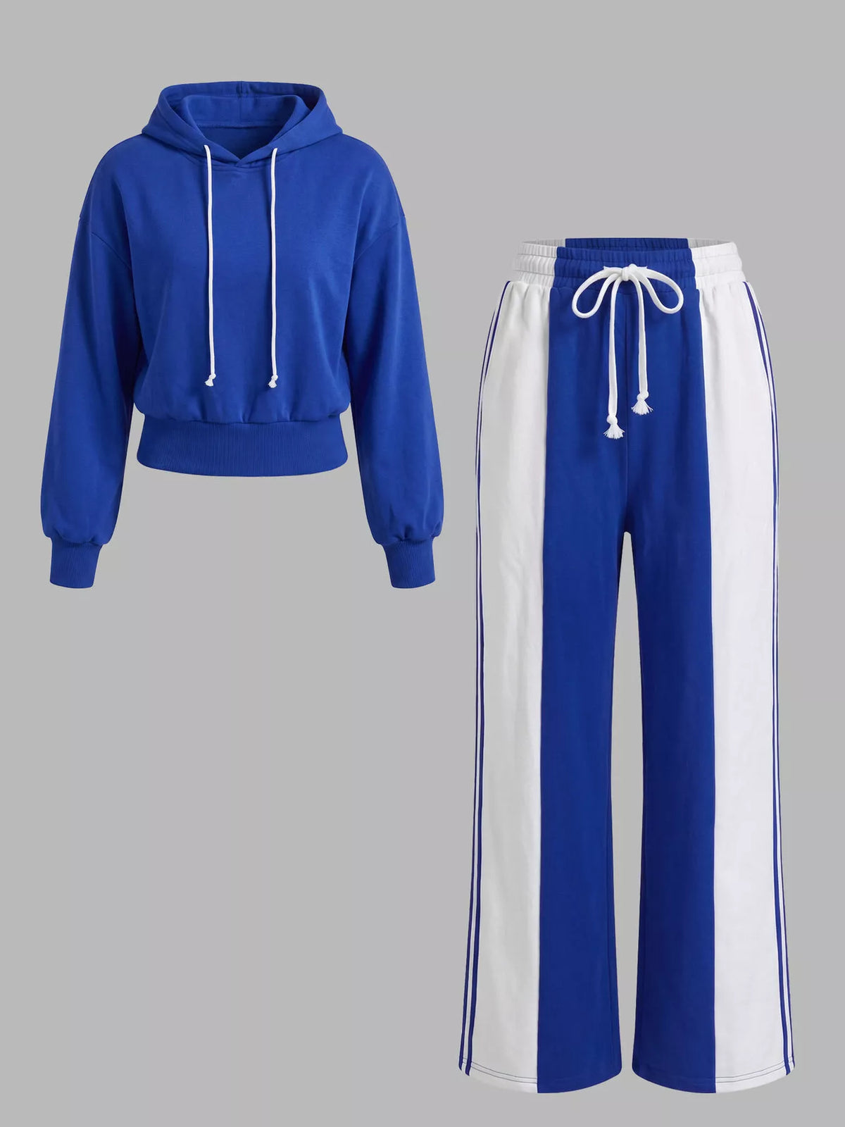Blue cropped hoodie and wide-leg pants set with white side panels and drawstring