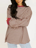 Contrast striped long-sleeve sweatshirt, burgundy contrast trim and red-and-cream stripes