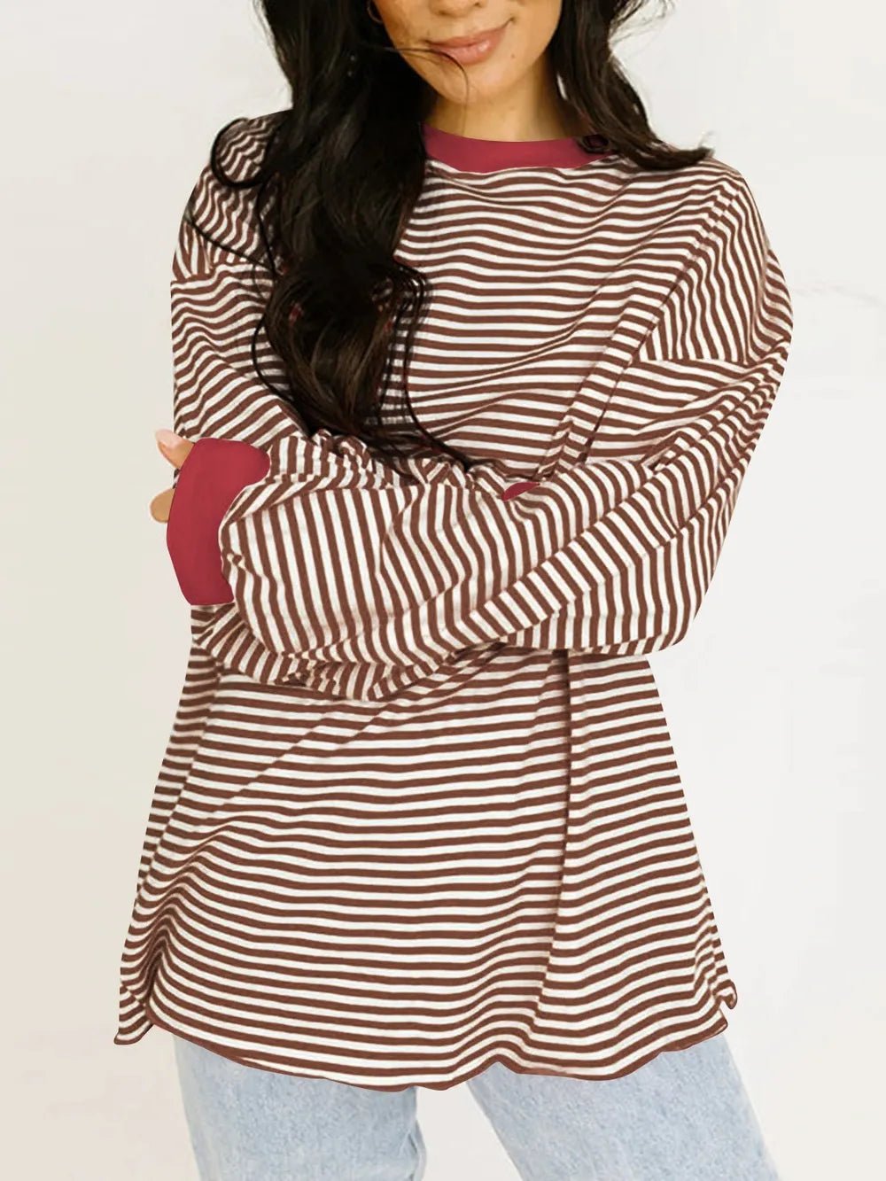 Contrast striped long-sleeve sweatshirt, burgundy contrast trim and red-and-cream stripes