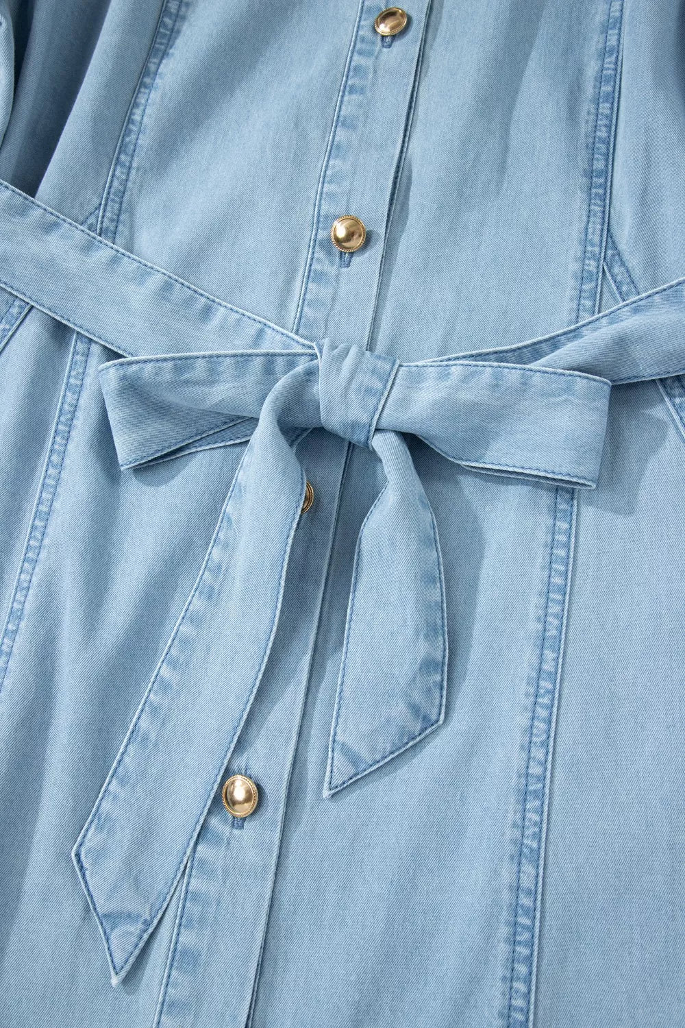 Cedar & Moore denim shirt dress, light blue, full button front with waist tie belt