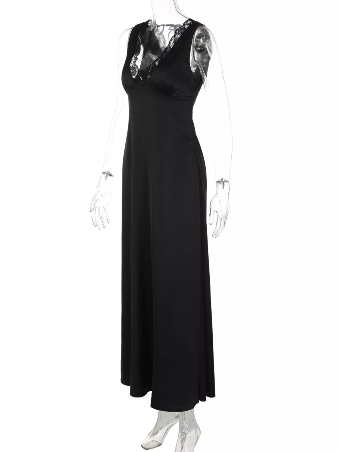 Black lace V-neck sleeveless maxi dress with thin straps and long skirt.