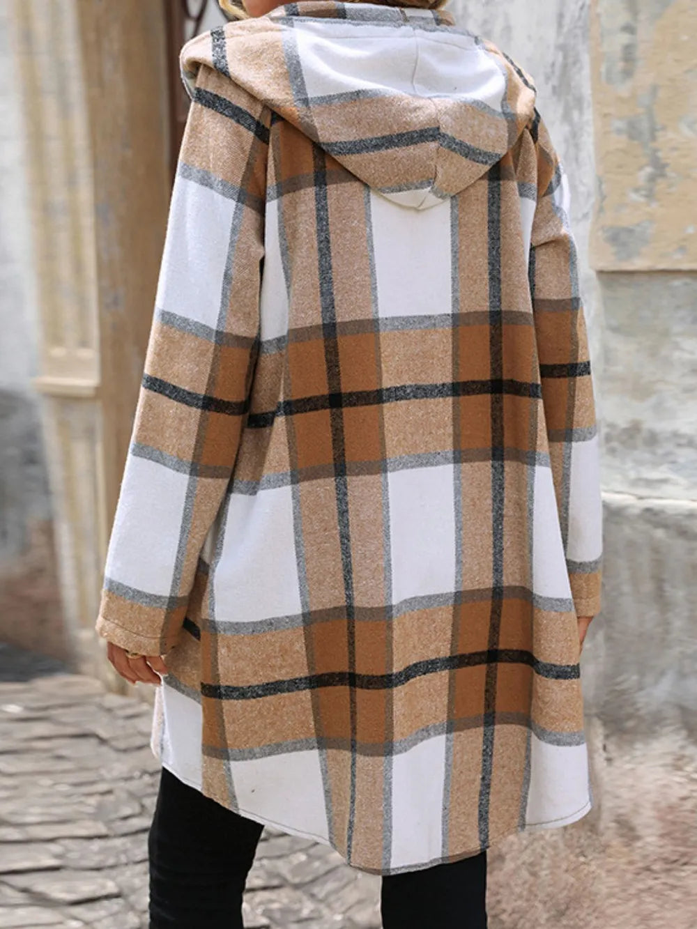Back of camel plaid zip-up hooded jacket with drawstring hood