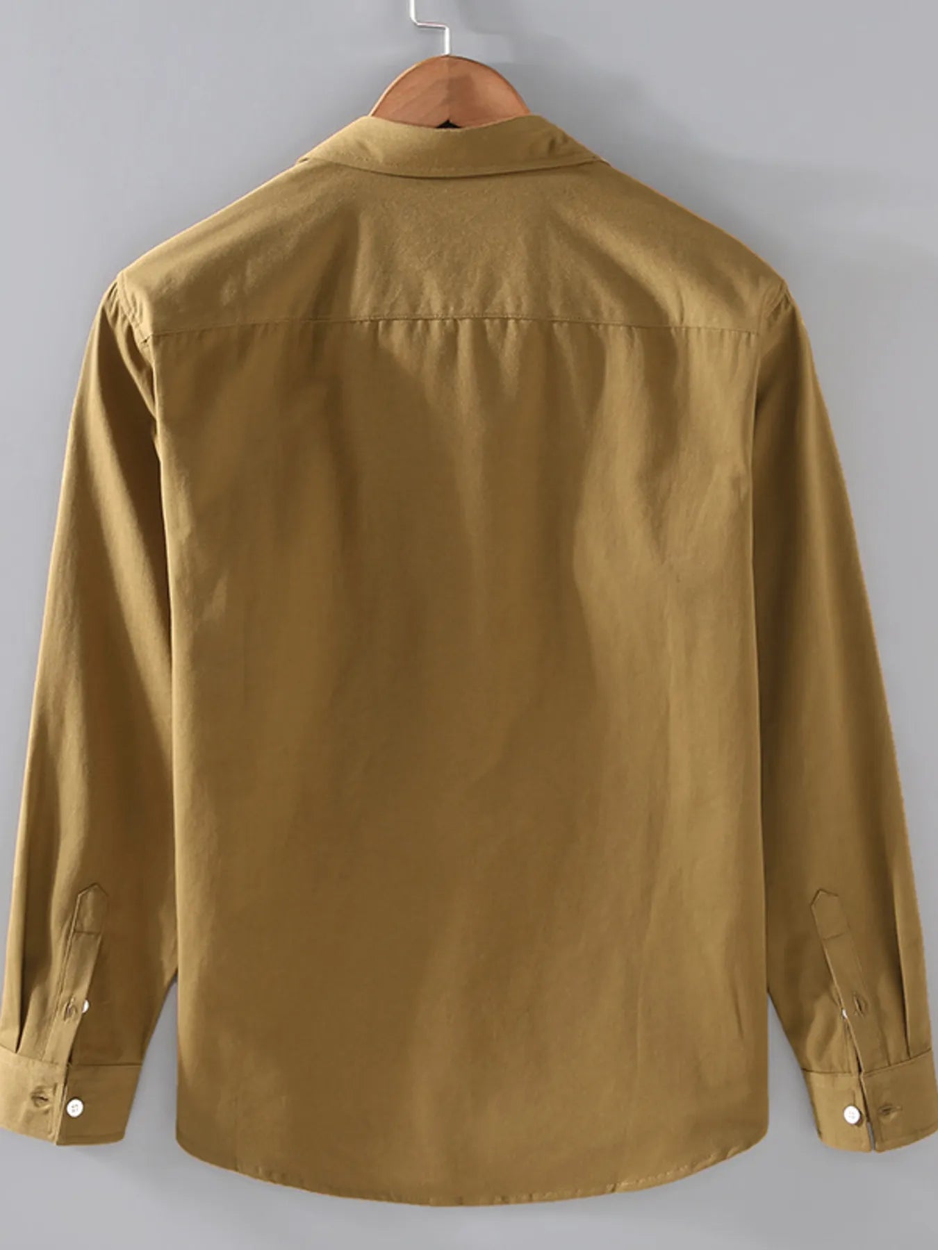 Brown long sleeve button-up shirt back view with turn-down collar and button cuffs