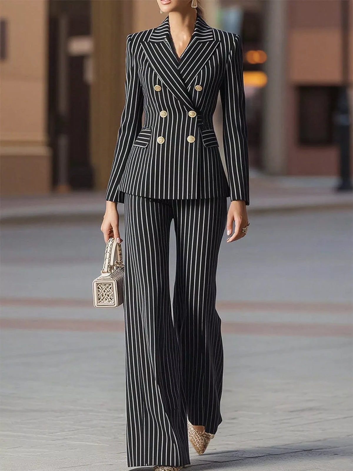 Black pinstripe double-breasted blazer and wide-leg pants set with gold buttons.
