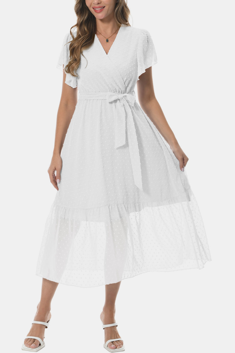 White surplice V-neck flutter sleeve dress with layered tier skirt and waist tie