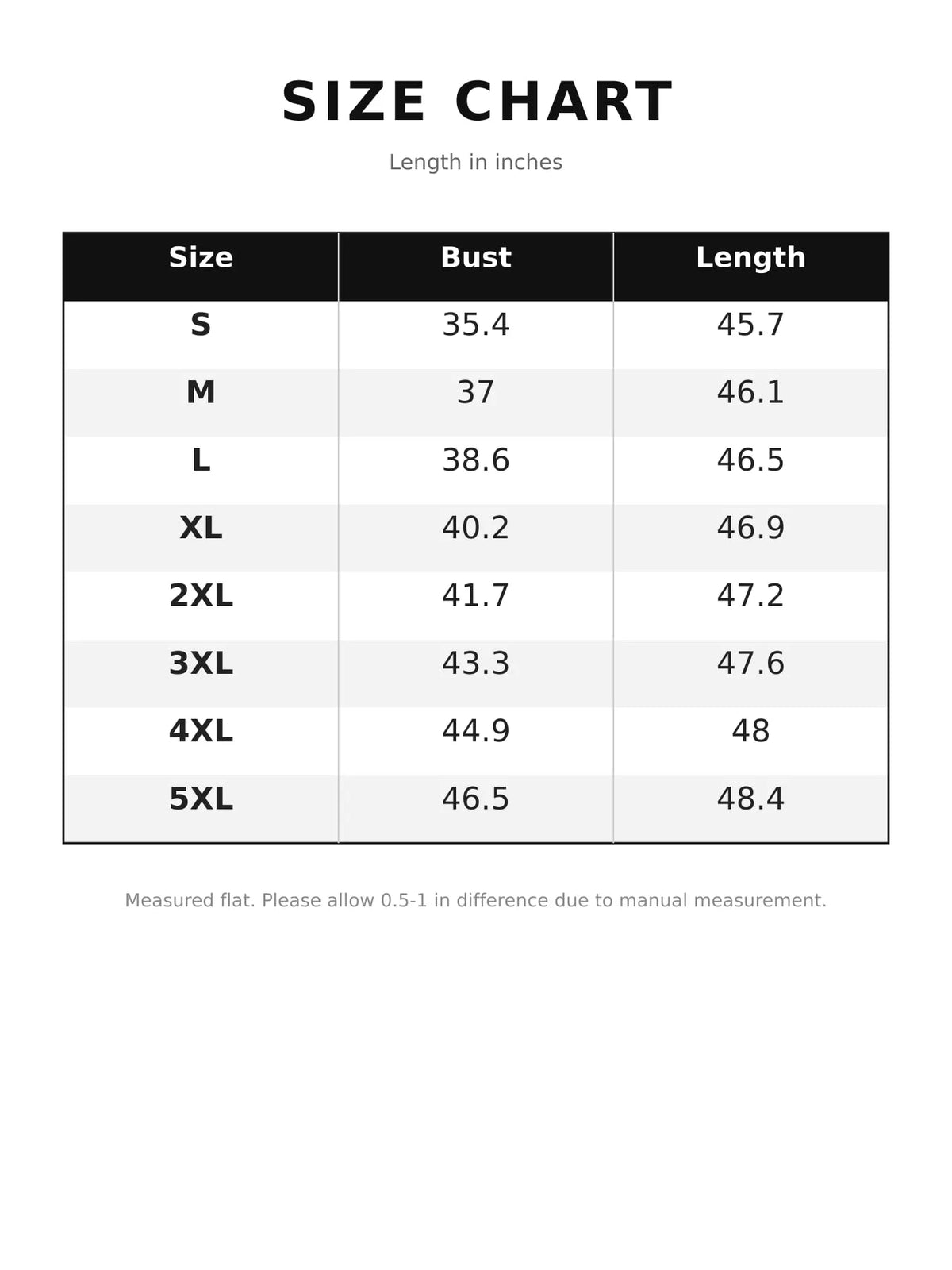 Size chart showing bust and length measurements in inches