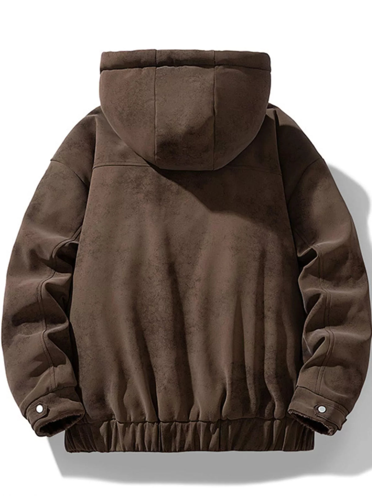 Men's coffee brown hooded fleece-lined winter jacket back view with elastic hem
