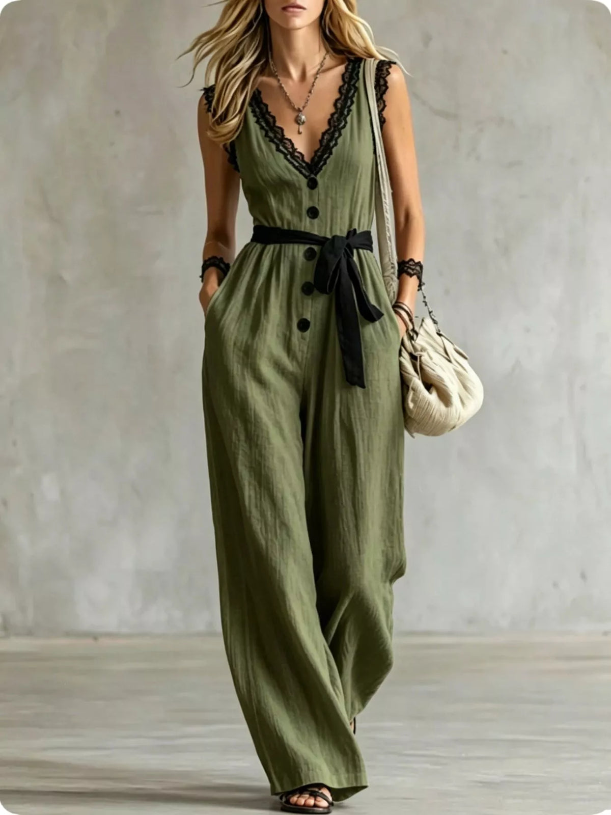 Army green lace-trim V-neck sleeveless jumpsuit with black button front and waist tie