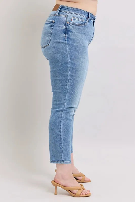 Plus size mid-rise slim jeans, light blue vintage wash, ankle-length, belt loops