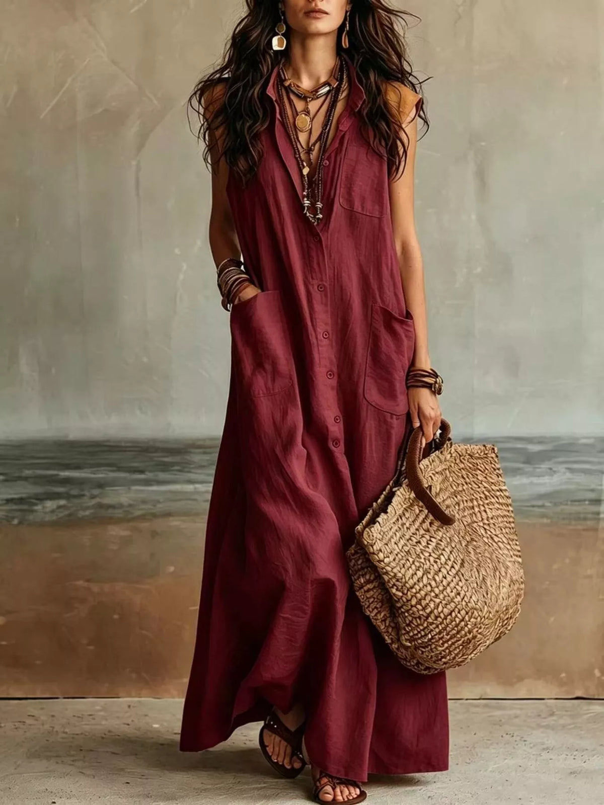 Burgundy sleeveless button-front linen maxi dress with chest pocket and buttons