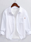 Men's cotton button-up long sleeve shirt, white, front pocket and button placket