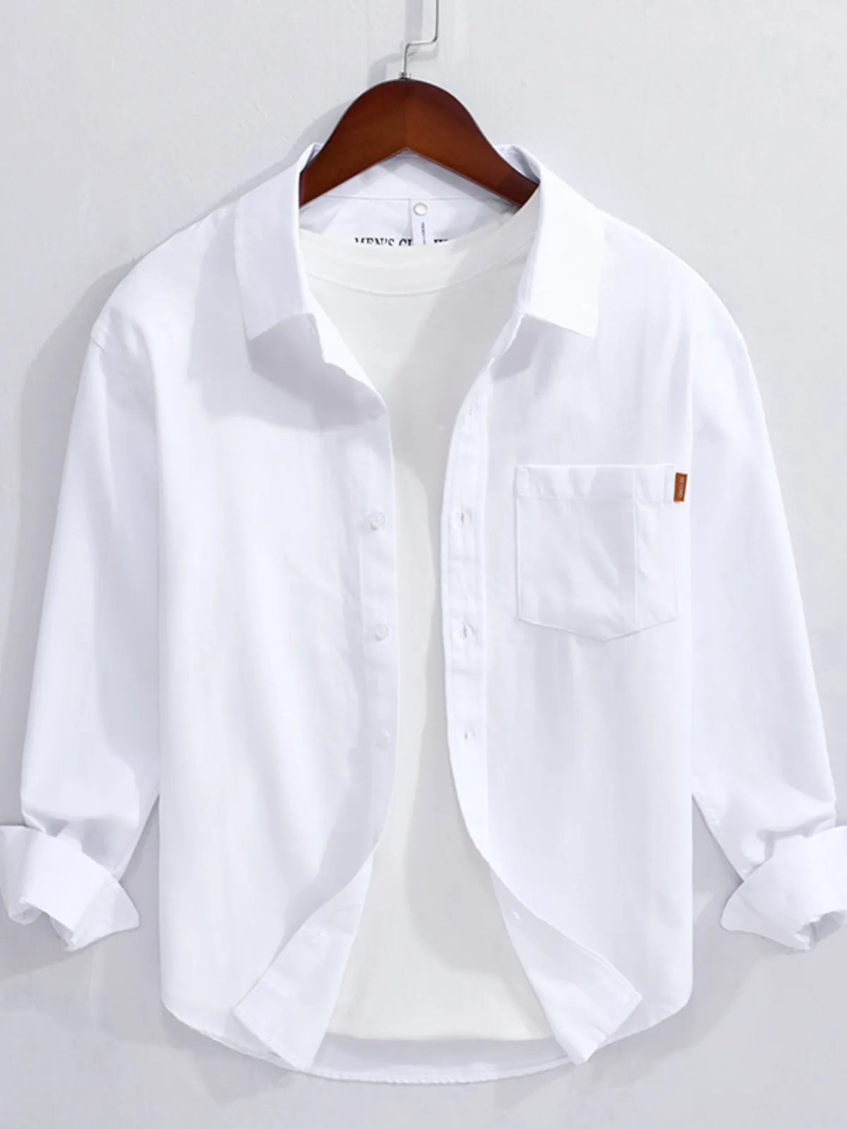 Men's cotton button-up long sleeve shirt, white, front pocket and button placket