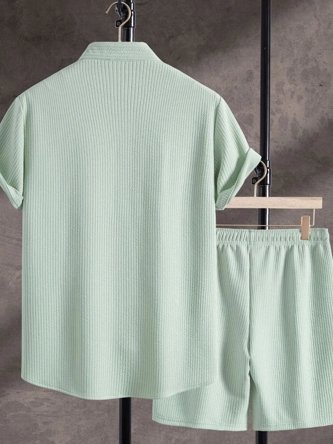 Mint green ribbed short sleeve shirt with matching shorts, back view