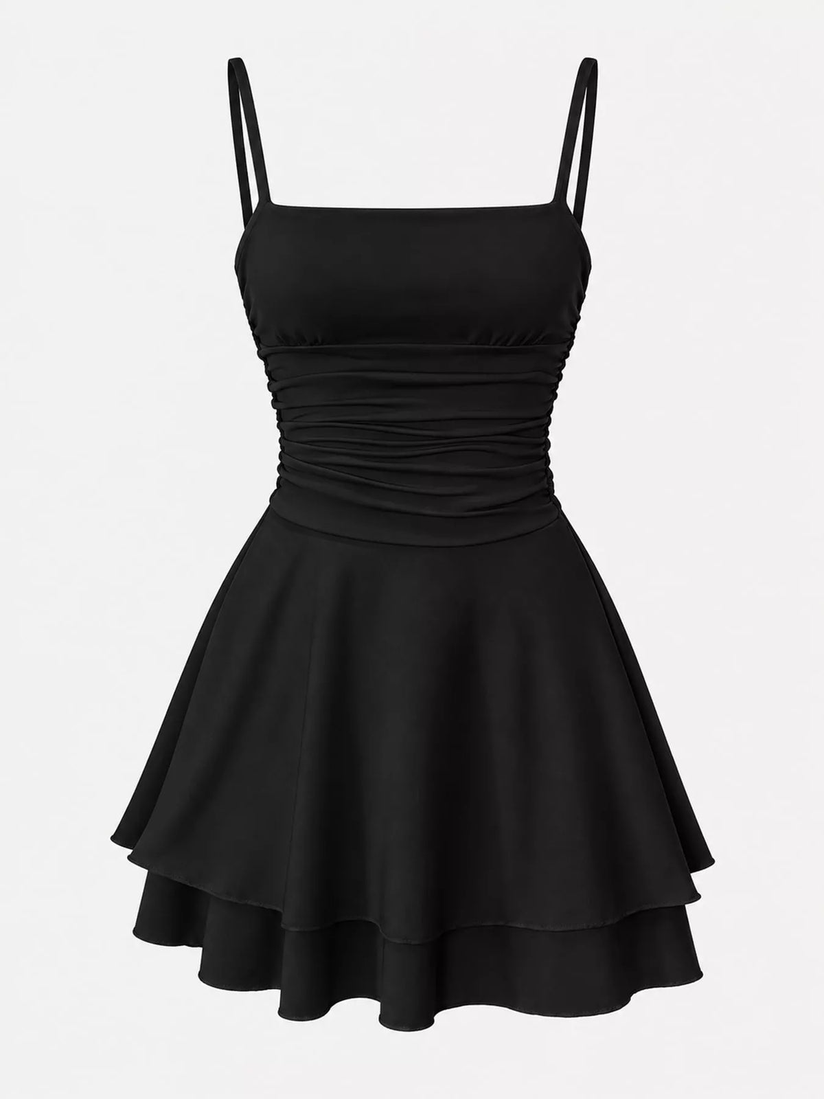 Black ruched spaghetti-strap mini dress with layered tiered flared skirt