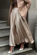 Khaki satin midi skirt with elastic back waist, softly draped flare hem