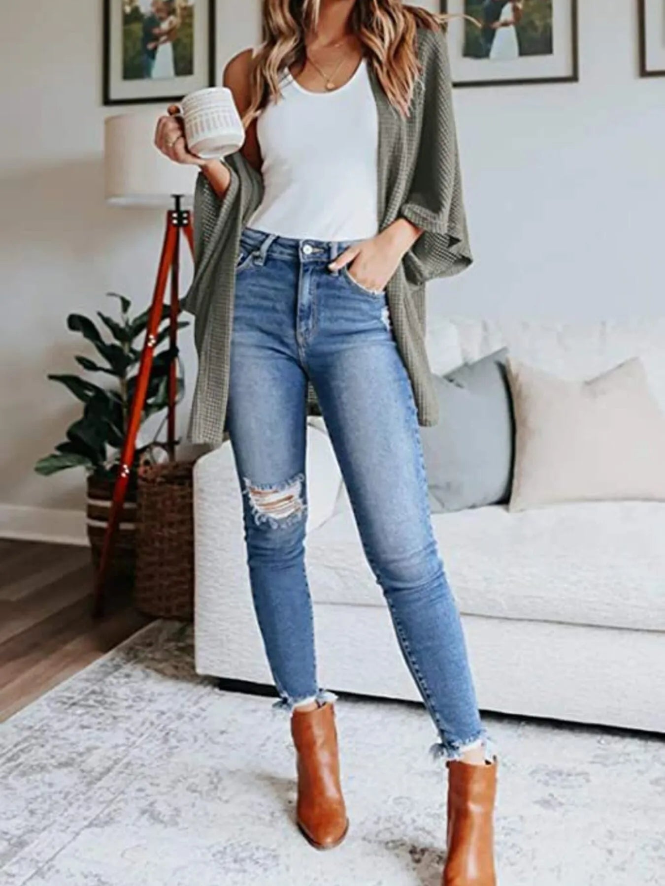 Open front waffle knit cardigan, olive green, draped kimono sleeves, plus size