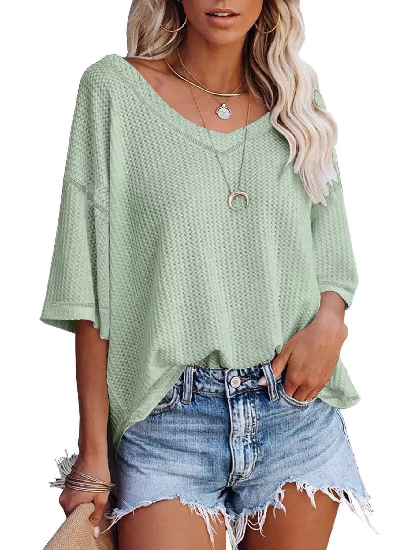 Waffle knit v-neck short sleeve t-shirt, light mint green