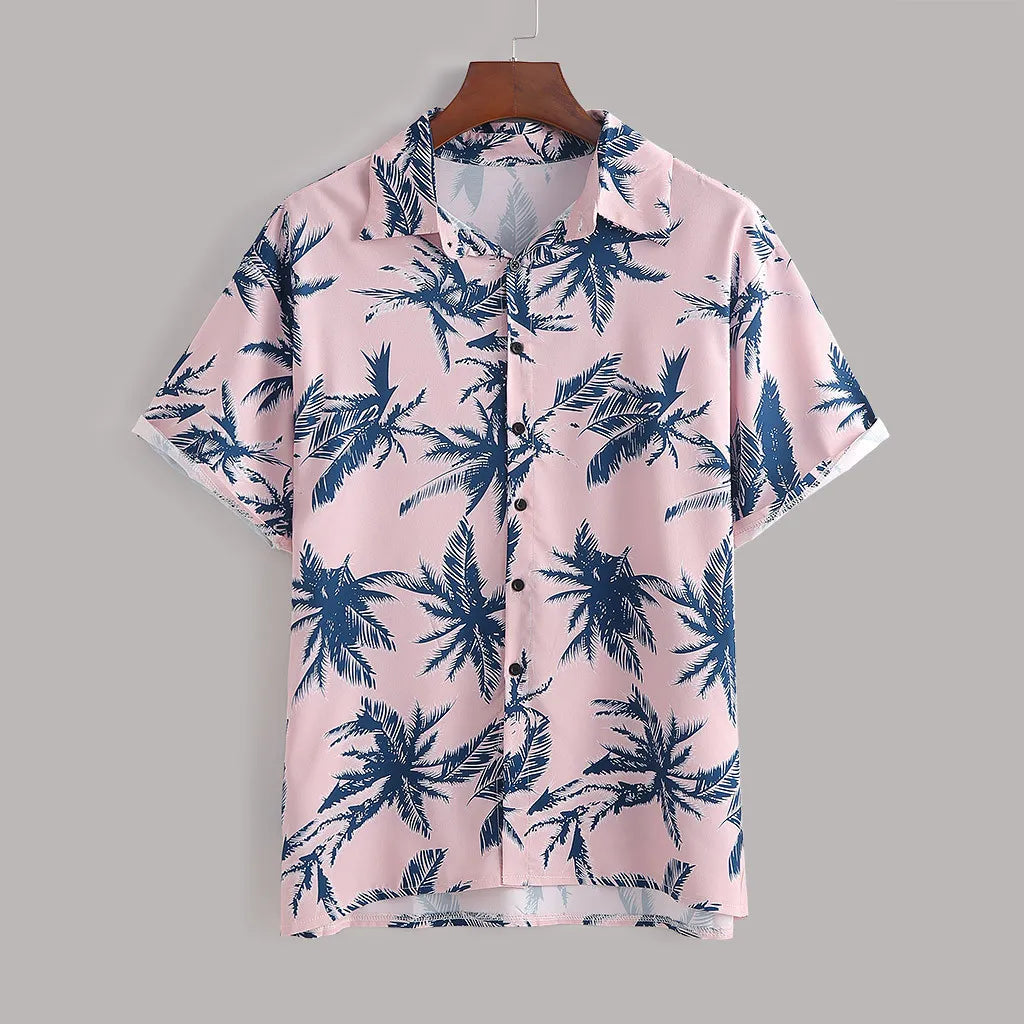 Pink tropical print short-sleeve button-up shirt
