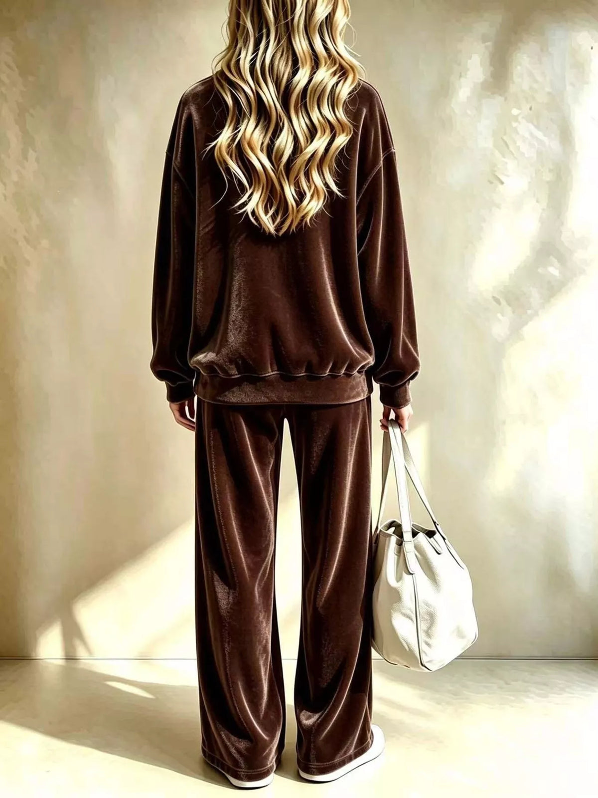 Brown velvet two-piece set with long-sleeve pullover top and matching wide-leg pants