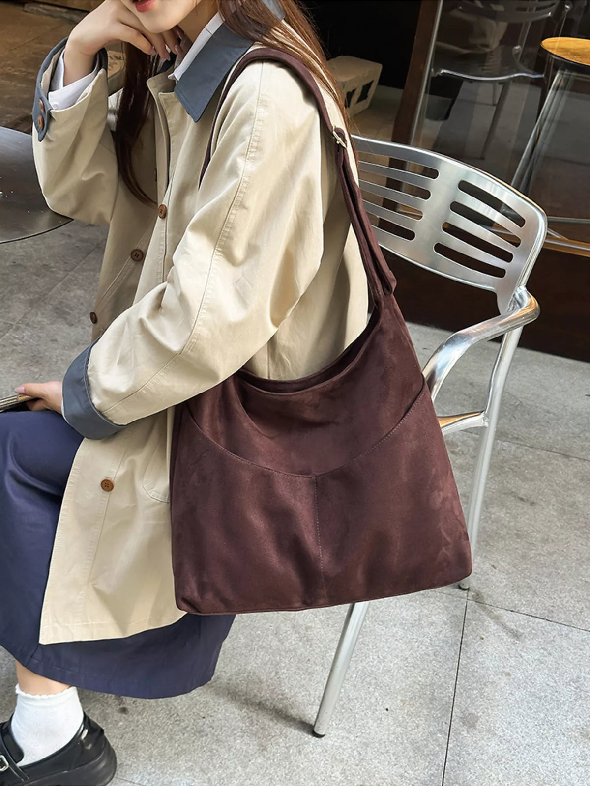 Suede shoulder bag, medium size, dark mauve-brown with wide strap and open top