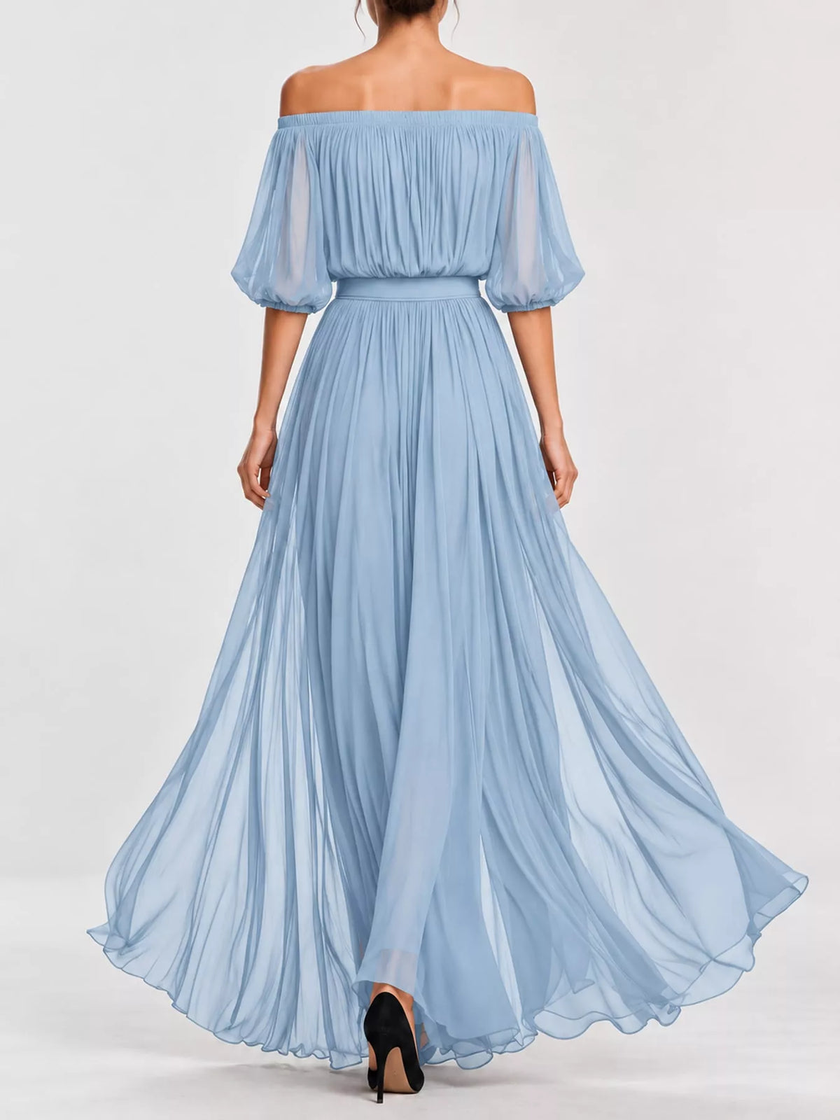 Sky blue off-shoulder ruched chiffon maxi dress with gathered bodice and full tiered skirt