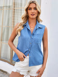 Dusty blue denim button-up sleeveless top with front pockets and metal buttons