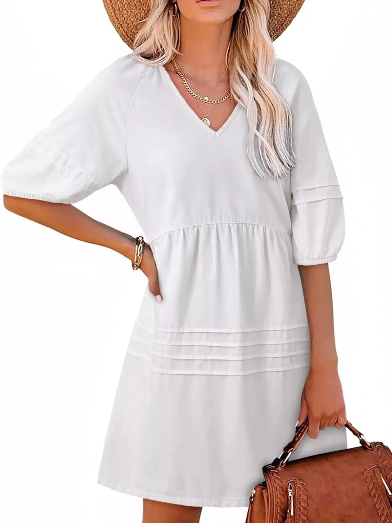 Cedar & Moore Denim mini dress with V-neck and puff sleeves, light wash, casual chic